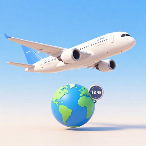 Dibujo animado de un gran avión de pasajeros volando sobre un globo terráqueo junto a un reloj que muestra un tiempo de vuelo largo.