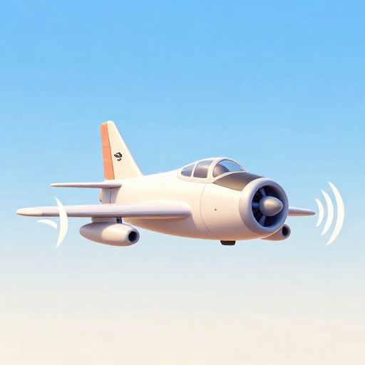 Dibujo animado de un avión con hélice experimental muy ruidoso con ondas de sonido intensas.