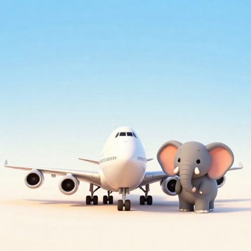 Dibujo animado de un enorme Boeing 747 al lado de un elefante muy pequeño.