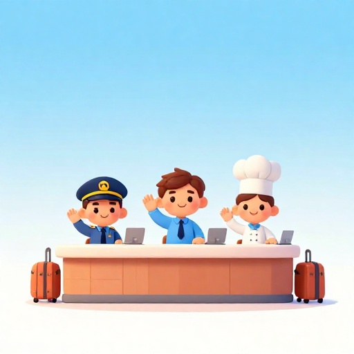 Dibujo animado mostrando a muchos trabajadores diferentes del aeropuerto como pilotos y chefs en una terminal.