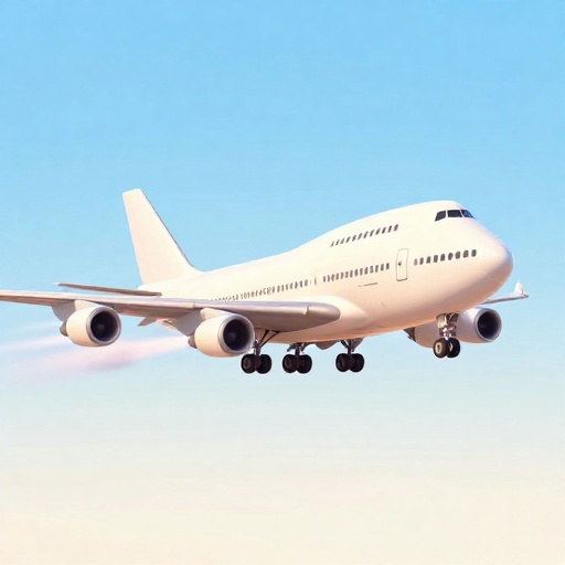 Dibujo animado de un rápido jet Boeing 747 con líneas de movimiento.