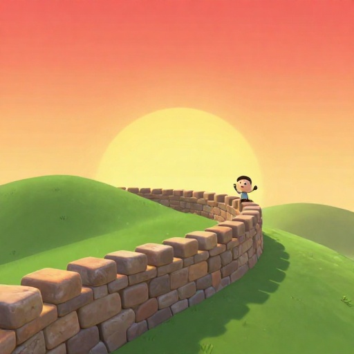 Una ilustración de dibujos animados de la masiva Gran Muralla China serpenteando a través de paisajes.