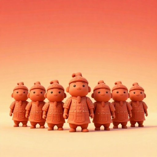 Guerreros de Terracota de dibujos animados de varias alturas alineados.