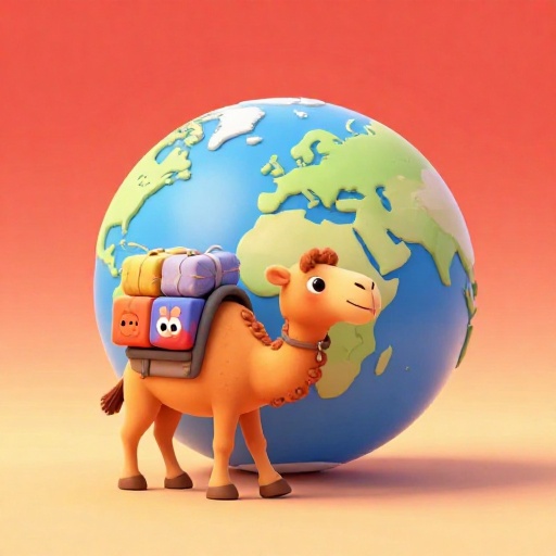 Ilustración de dibujos animados de un camello en la red comercial de la antigua Ruta de la Seda.