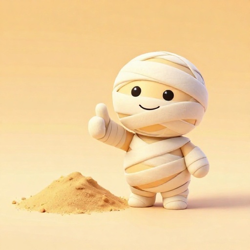 Una momia de dibujos animados feliz dando un pulgar hacia arriba junto a arena seca.