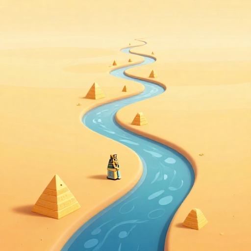 Una línea de tiempo muy larga siguiendo el río Nilo mostrando la historia del antiguo Egipto.