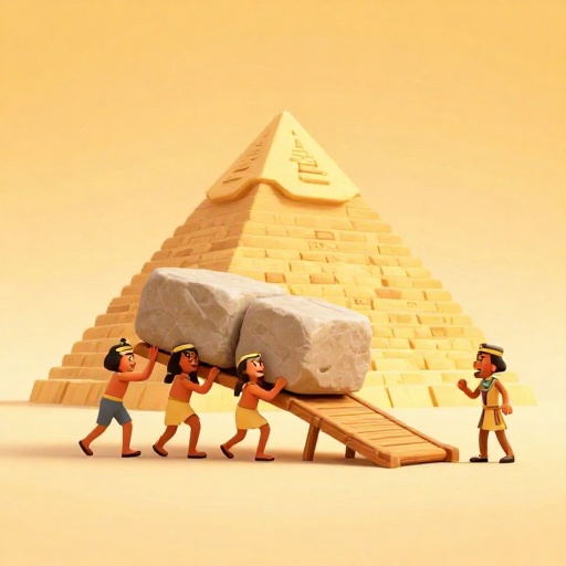 Trabajadores egipcios construyendo la Gran Pirámide arrastrando un gran bloque de piedra.