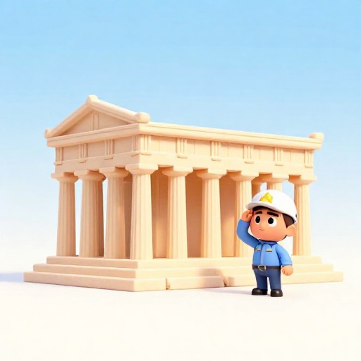 Una representación en dibujos animados del Partenón mostrando su longitud de 228 pies frente a su anchura de 101 pies.