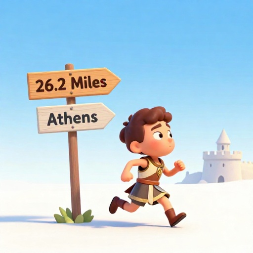 Un dibujo animado que muestra la diferencia de ruta del maratón antiguo entre la leyenda y la distancia olímpica de 1908.