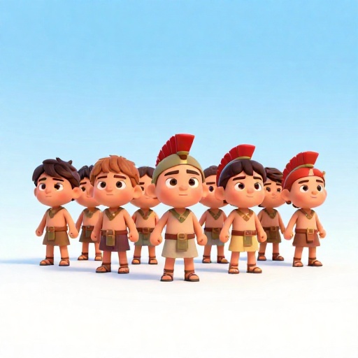 Niños espartanos de dibujos animados comenzando su intenso programa de entrenamiento militar a los siete años.