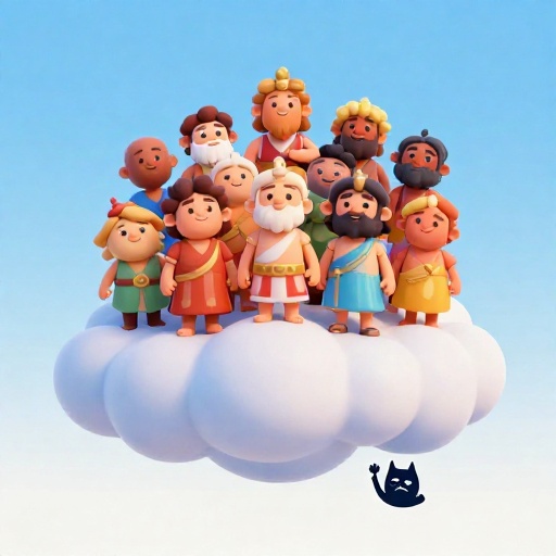 Dibujos animados mostrando a los Doce Olímpicos en una nube, con Hades saludando desde una nube debajo.