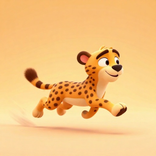 Un guepardo de dibujos animados corriendo increíblemente rápido con una expresión concentrada en su rostro.