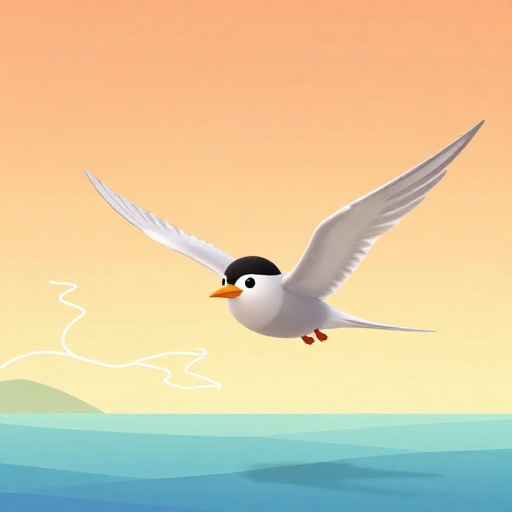 Un Charrán Ártico de dibujos animados volando una larga ruta migratoria sinuosa.