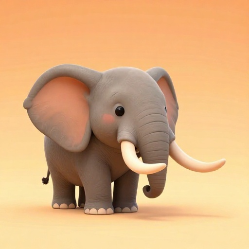 Un elefante de dibujos animados de pie junto a su colmillo masivo y curvado.