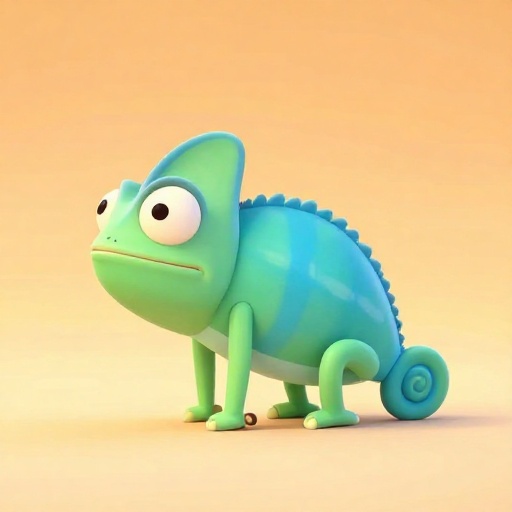 Un camaleón de dibujos animados cambiando rápidamente su color corporal de verde a azul.