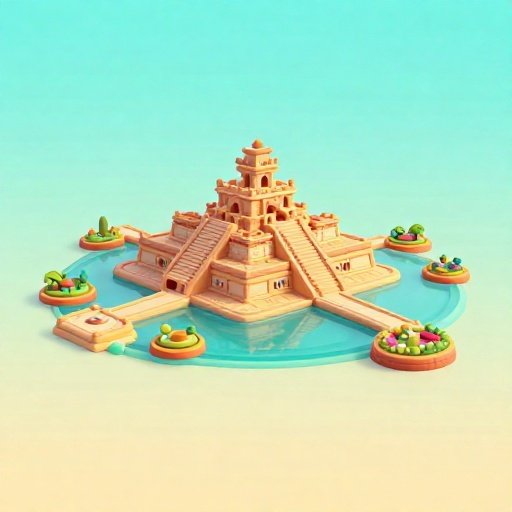 Ilustración de la ciudad isla de Tenochtitlan con canales y jardines flotantes.