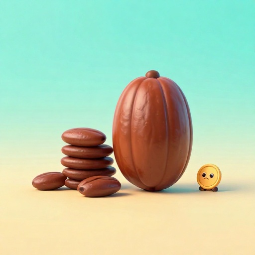 Ilustración de semillas de cacao usadas como dinero con una moneda de oro triste al lado.