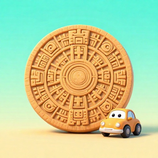 Ilustración de la masiva Piedra del Sol azteca junto a un coche de dibujos animados para mostrar la escala.
