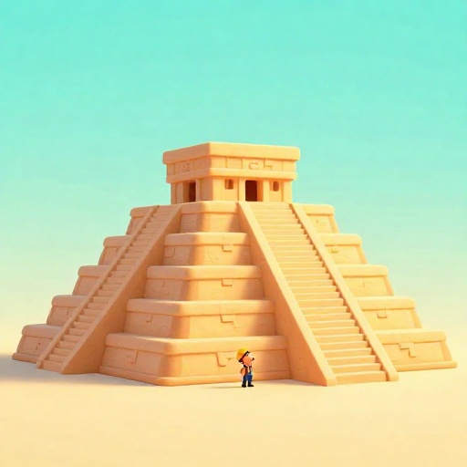 Ilustración de la masiva pirámide escalonada del Templo Mayor con dos santuarios en la cima.