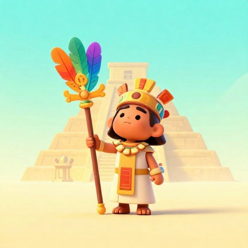 Ilustración estilizada de un sacerdote azteca durante una ceremonia religiosa cerca de la pirámide.