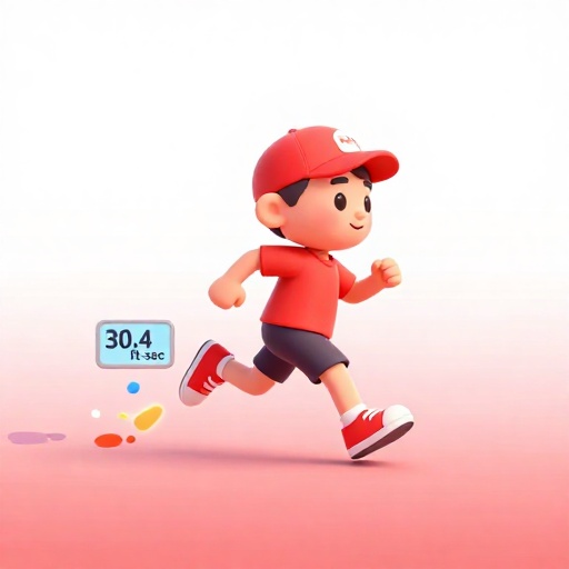 Corredor de caricatura rápido dejando estelas de luz con una lectura de velocidad.