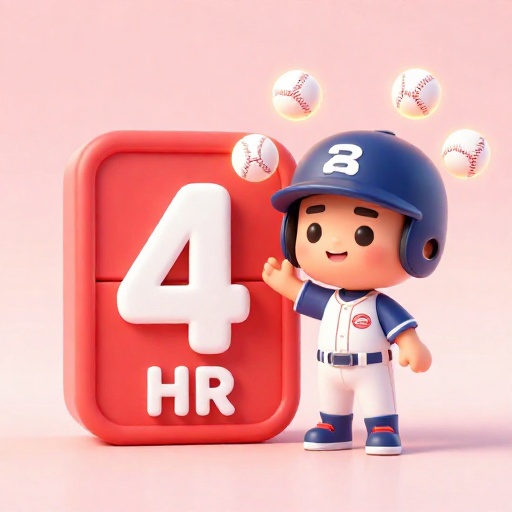 Jugador de béisbol celebrando haber conectado cuatro jonrones con un marcador de fondo.