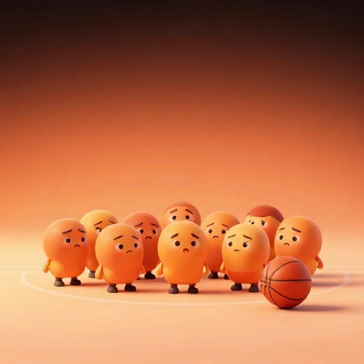 Una ilustración de dibujos animados de nueve jugadores de cada equipo aglomerados en una cancha de baloncesto pequeña.