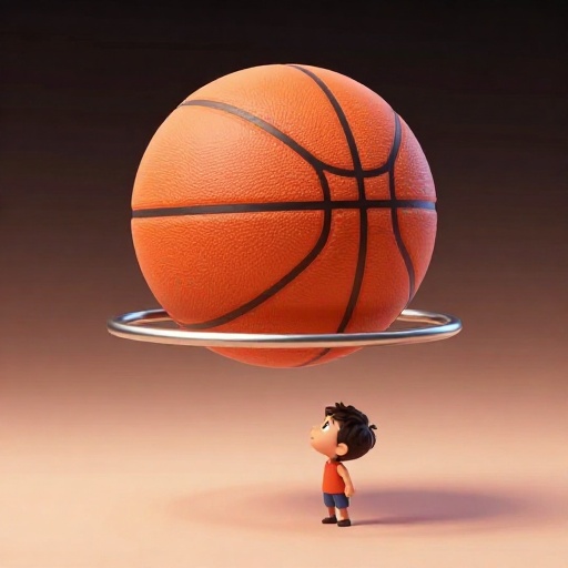 Una ilustración de dibujos animados que muestra un aro de baloncesto a 10 pies de altura junto a una pila muy alta de niños de dibujos animados.