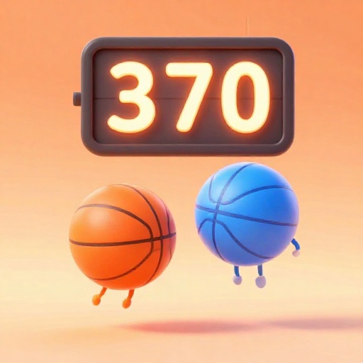Una ilustración de dibujos animados de dos balones de baloncesto volando hacia un aro con un marcador que muestra 370 puntos.