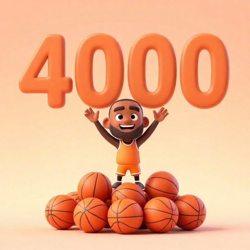 Una ilustración de dibujos animados de un jugador parado sobre una pila enorme de balones de baloncesto que representan más de 42,000 puntos de carrera.