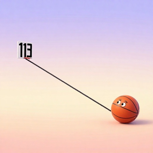 Una ilustración de dibujos animados de un balón de baloncesto viajando una distancia masiva para encestar un tiro récord mundial.