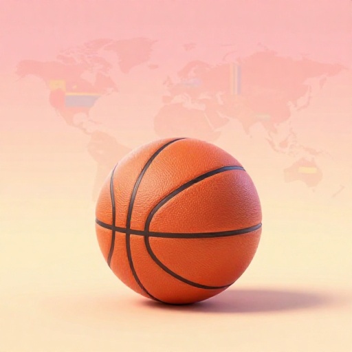 Una ilustración de dibujos animados de un balón de baloncesto rodeado de banderas mundiales arremolinadas.