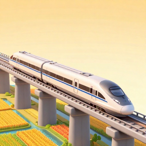 Una ilustración de dibujos animados de un tren muy largo cruzando un viaducto moderno sobre un paisaje.