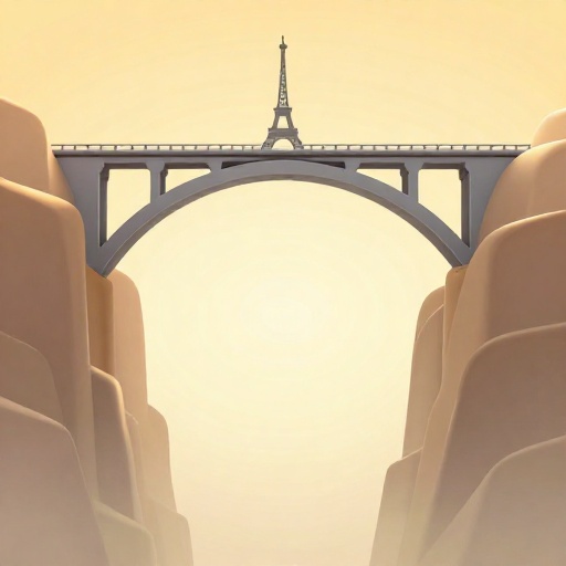 Ilustración de dibujos animados de un tablero de puente muy alto con la silueta de la Torre Eiffel muy por debajo para escala.