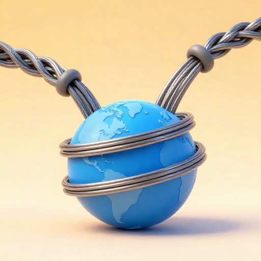 Ilustración de dibujos animados de dos cables de puente masivos hechos de incontables alambres delgados envolviendo el planeta Tierra.