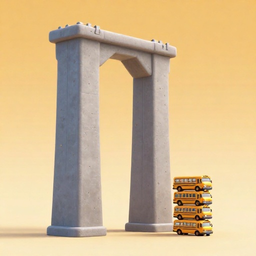 Ilustración de dibujos animados de pilares de puente masivos junto a una pila de muchos autobuses escolares.