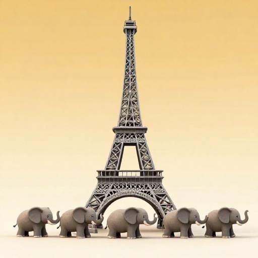 Ilustración de dibujos animados de la Torre Eiffel junto a una fila de elefantes para comparar tamaños.