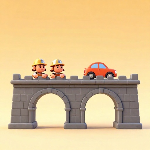 Ilustración de dibujos animados del antiguo puente de piedra Pons Fabricius en Roma con constructores romanos.