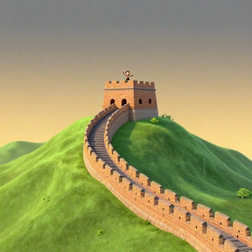 Ilustración de dibujos animados de la Gran Muralla China serpenteando sobre montañas verdes.