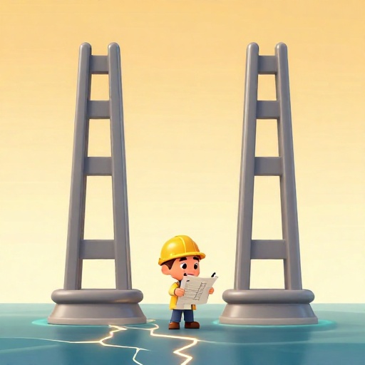 Ilustración de dibujos animados de dos torres de puente siendo separadas por un poderoso terremoto.