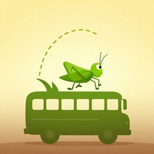 Una langosta de dibujos animados dando un salto gigante sobre un coche familiar.