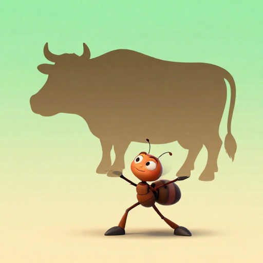 Una hormiga diminuta levantando el contorno mucho más grande y oscuro de una vaca.