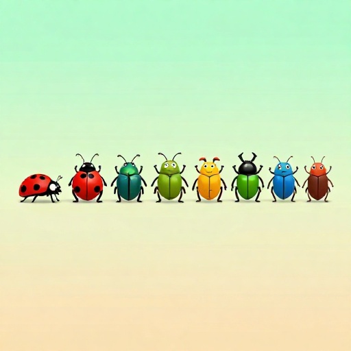 Una colección de 10 escarabajos de dibujos animados con formas y colores únicos.