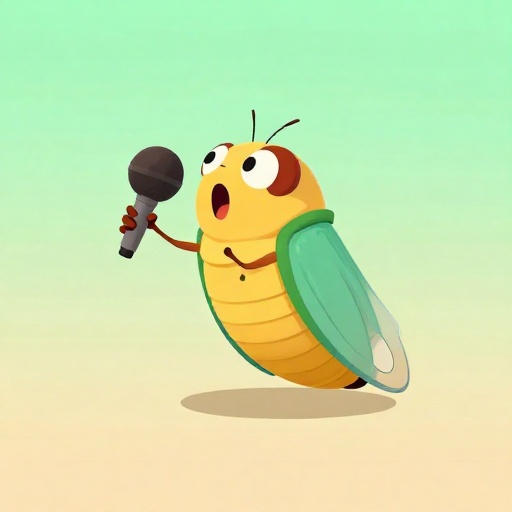 Una cigarra de dibujos animados muy ruidosa emitiendo una gran onda de sonido.
