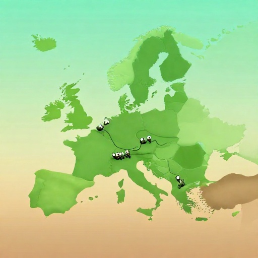 Un mapa mostrando una línea masiva e interconectada de hormigas a través de Europa.