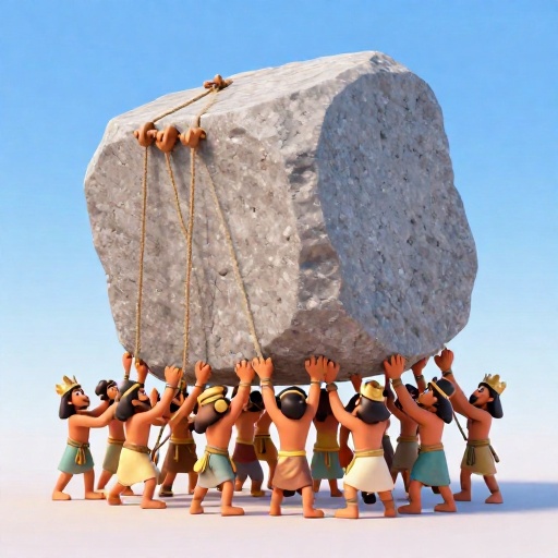 Trabajadores antiguos usando cuerdas para levantar un solo y enorme bloque de granito de 80 toneladas.