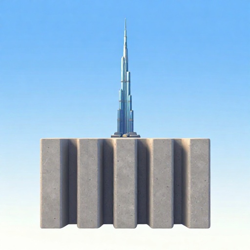 Vista de corte transversal que muestra los pilotes de cimentación de concreto profundos del Burj Khalifa.