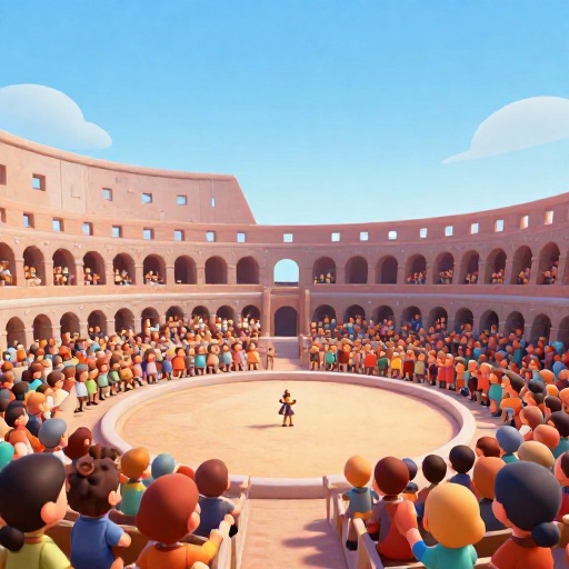 Multitud de dibujos animados llenando el antiguo anfiteatro del Coliseo.