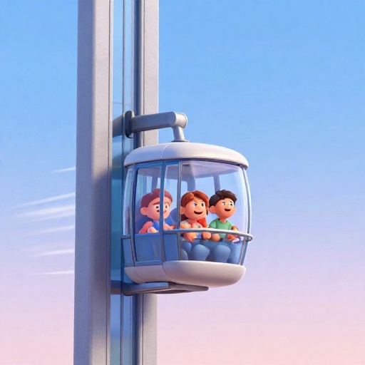 Cabina de ascensor de doble piso acelerando hacia arriba en un rascacielos a gran velocidad.