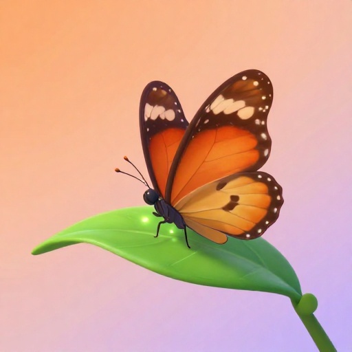 Una mariposa de dibujos animados parada sobre una hoja, con destellos saliendo de sus patas.